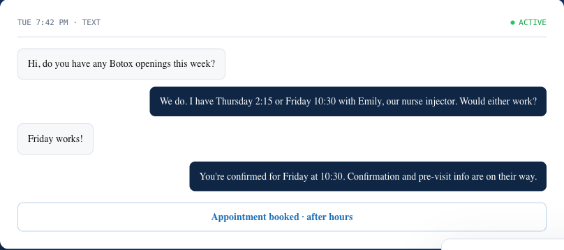 Live snippet of the Benchmark AI front office answering a patient text